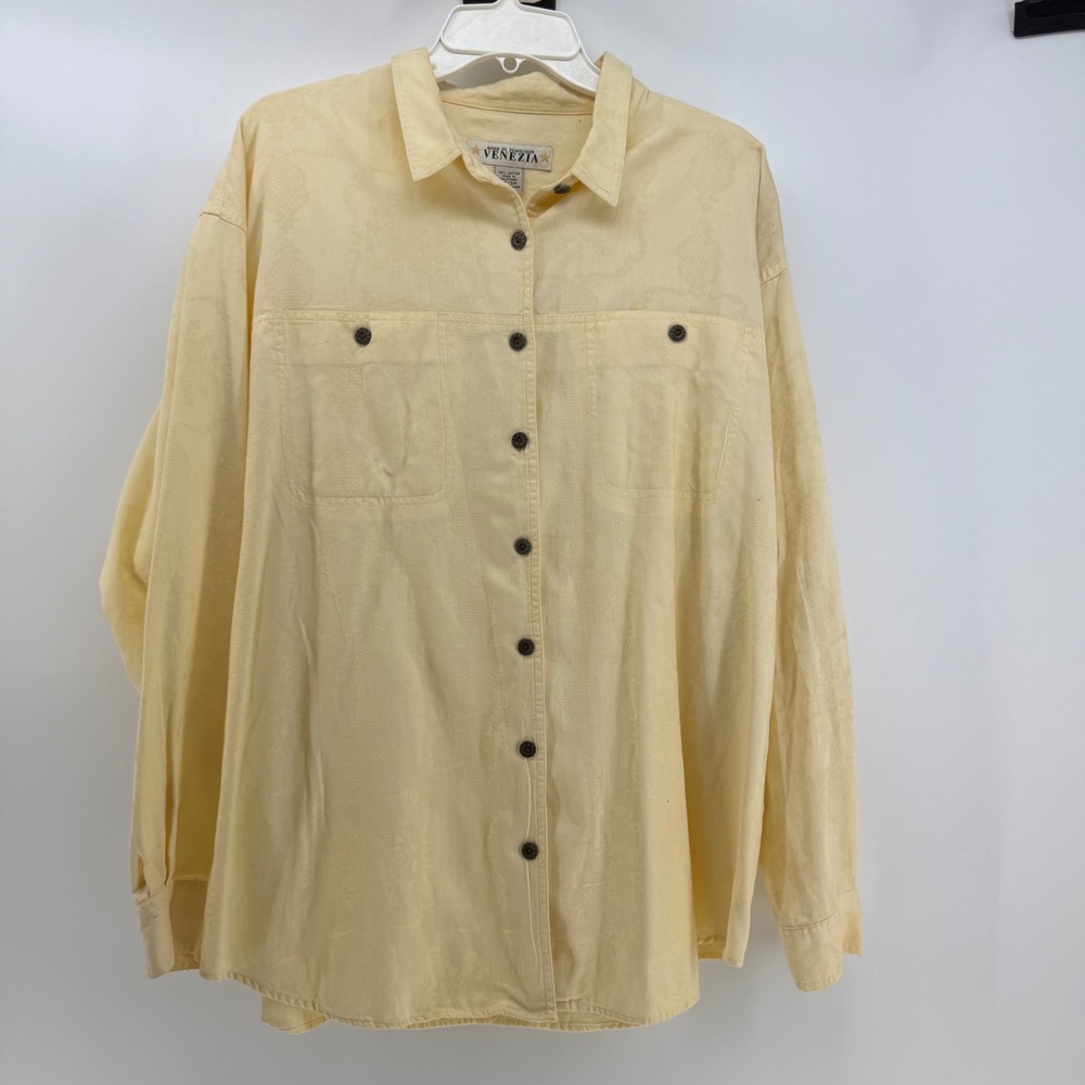 Venezia Button Down Women 22/24 Butter Yellow Jacquard Damask Tropical Coastal